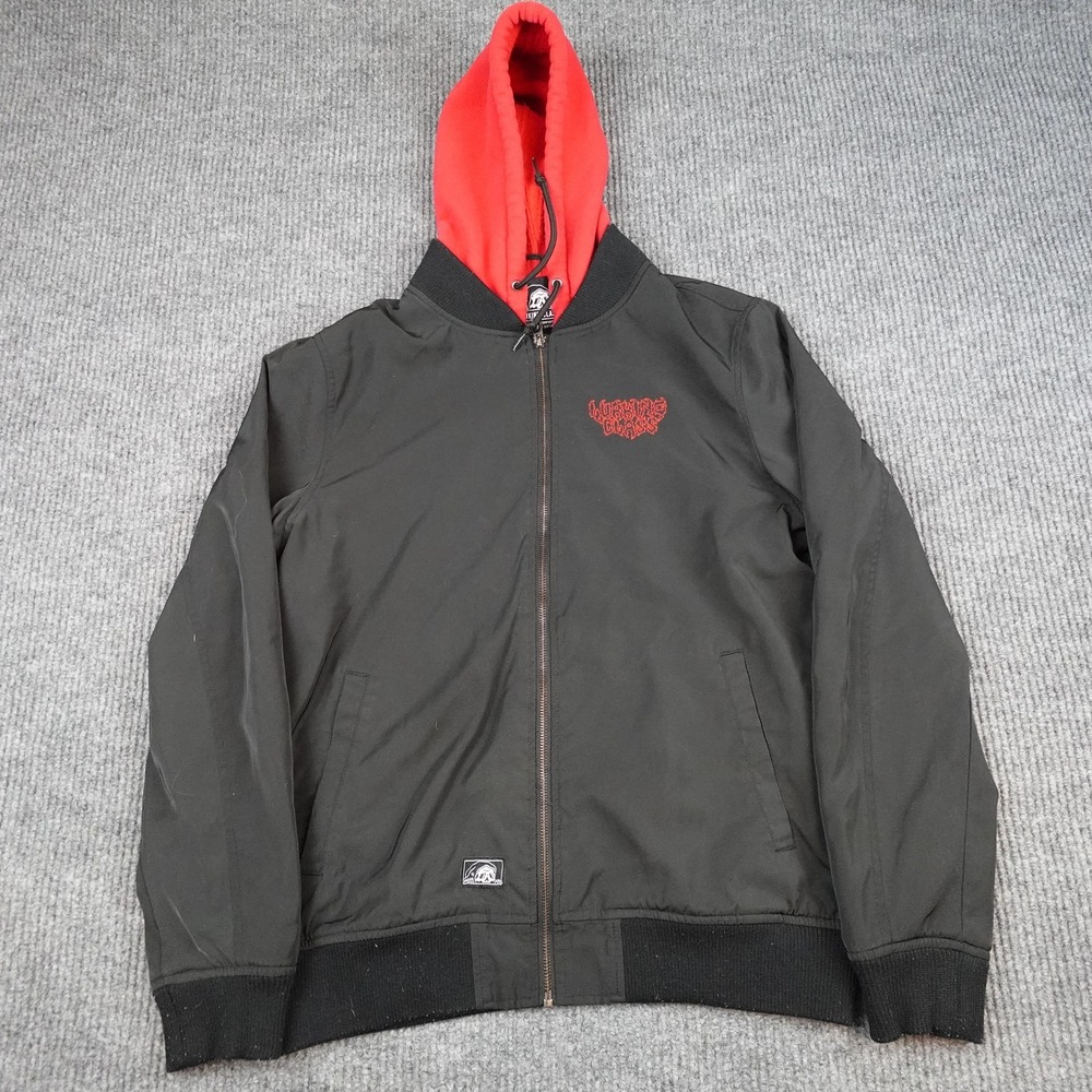 Lurking Class Jacket Mens Medium Black Red Hooded Bomber Skull Flame Graphic